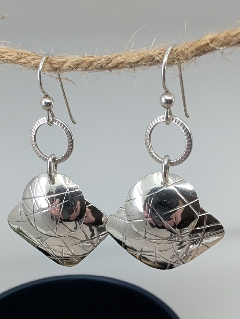 Vintage 925 Sterling Silver Hand-Hammered Crosshatch Shield Earrings
